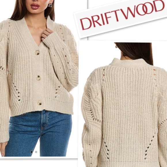 NWT Driftwood Emie Balloon Barrel Sleeve Button V-Neck Front Cardigan Ivory Sz S - Picture 4 of 12